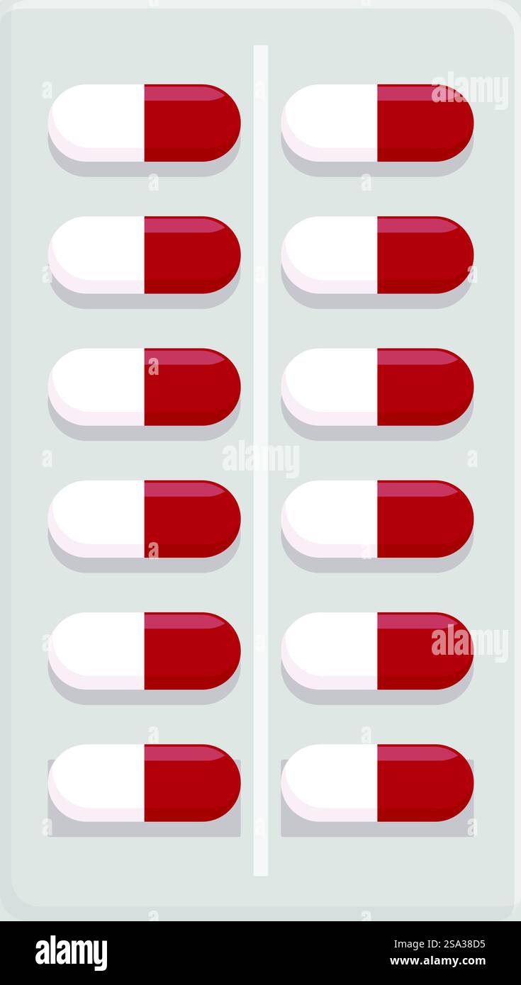 Grafik mit einer Blisterpackung mit roten und weißen Medikamentenkapseln. Verschreibungspflichtige Kapseln in Blisterpackung Stock Vektor