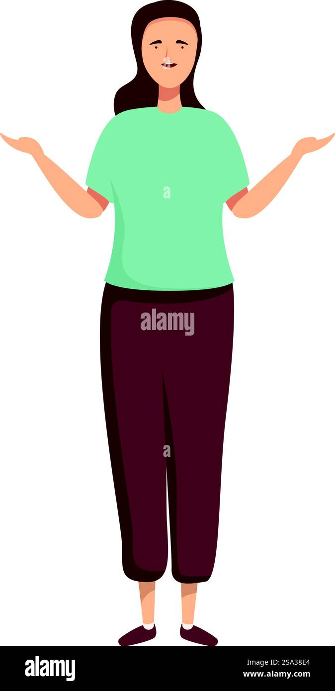 Illustration einer lächelnden jungen Frau mit offenen Händen, signalisierenden Gleichgewichtssignalen oder Möglichkeiten präsentieren. Junge Frau, die mit offenen Händen Gleichgewicht zeigt Stock Vektor