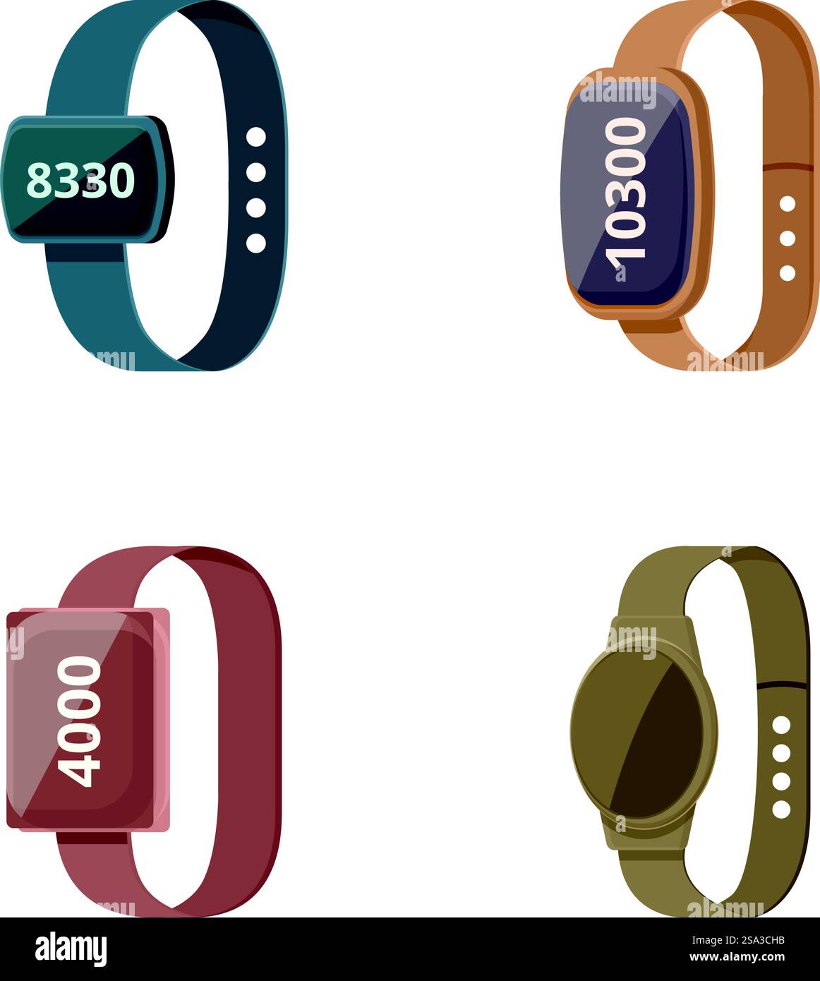Sammlung von vier verschiedenen Fitness-Trackern mit Schrittzähler. Set von Fitness-Tracker-Symbolen Stock Vektor