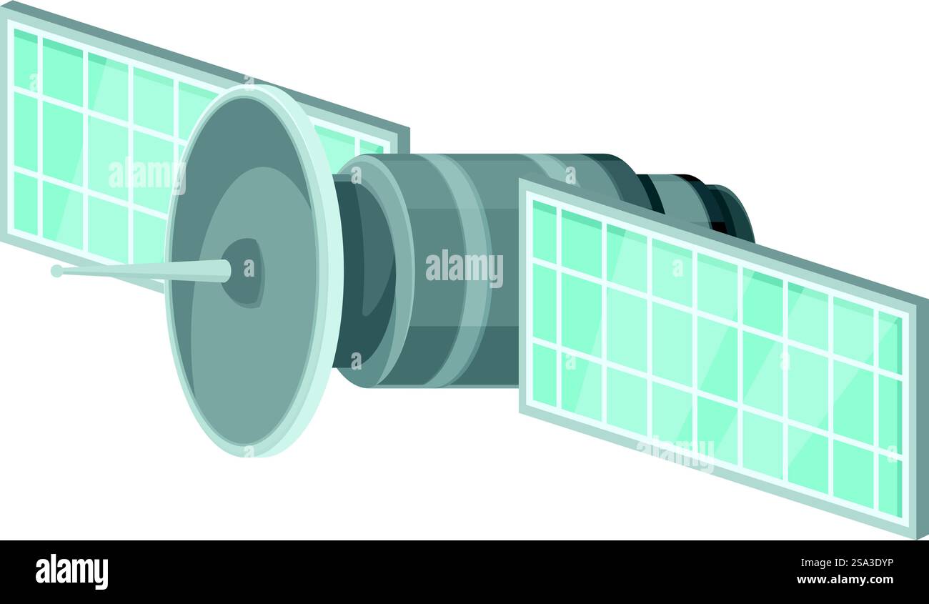 Vektorillustration eines stilisierten Cartoonsatelliten mit Sonnenkollektoren im Raum. Zeichentricksatelliten im Weltraum Illustration Stock Vektor