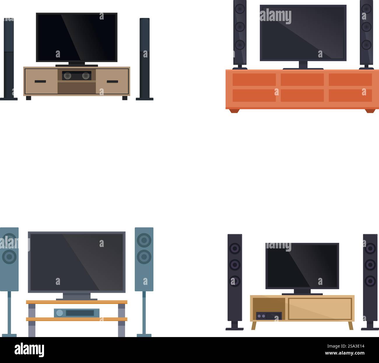 Sammlung von vier stilvollen Home Entertainment-Systemen mit Möbeln. Moderne Home Entertainment-Systeme Stock Vektor