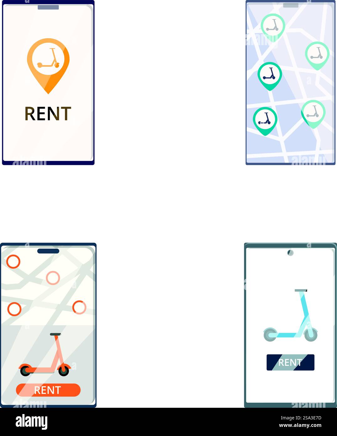 Sammlung von vier mobilen App-Symbolen für Fahrradverleih, Roller und Autovermietung. Symbole für die App für den Mietservice eingestellt Stock Vektor