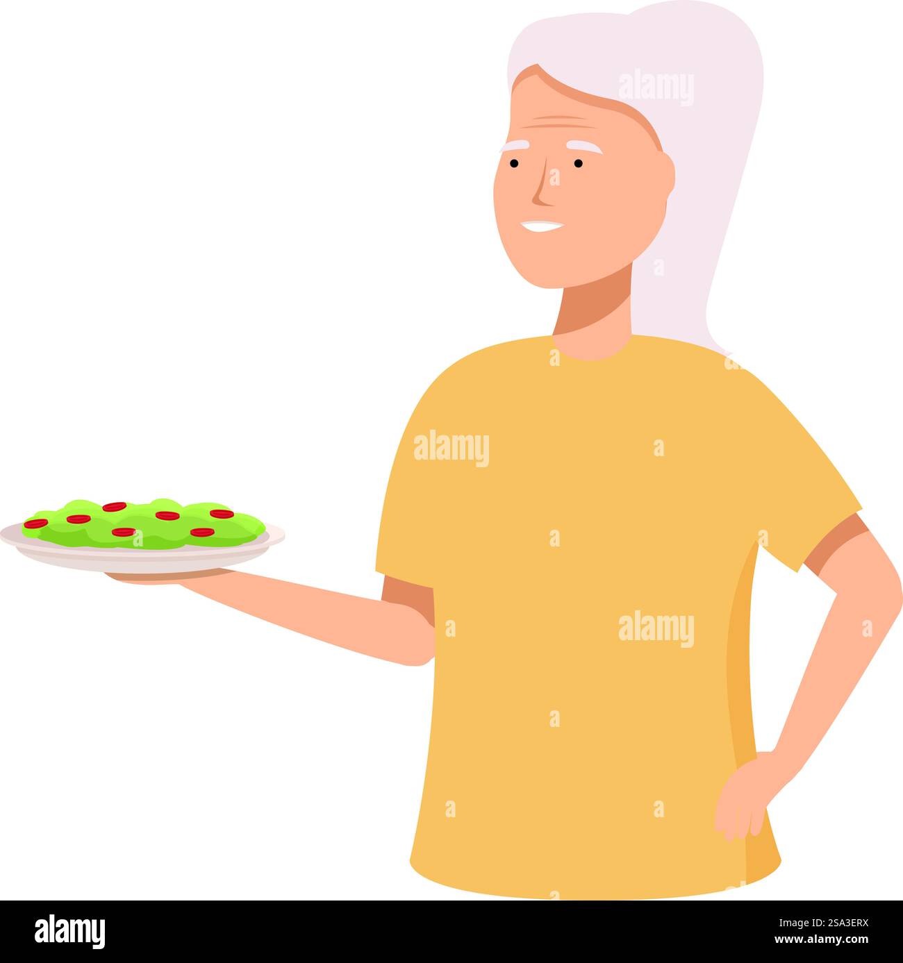 Illustration einer fröhlichen älteren Frau in einem gelben Hemd, die einen Teller frisch gebackener Kekse hält. Lächelnde Seniorin, die Kekse anbietet Stock Vektor