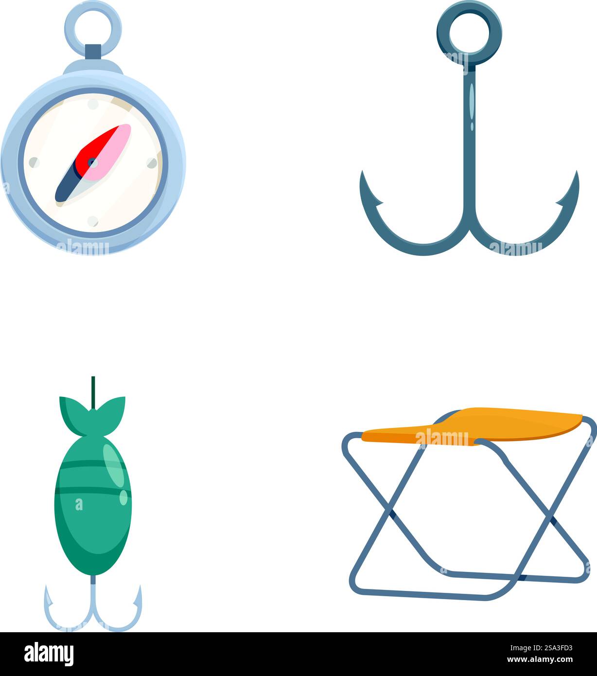 Sammlung farbenfroher Symbole zum Angeln, darunter Kompass, Haken, Köder und Klapphocker. Satz von Symbolen und Werkzeugen zum Angeln Stock Vektor