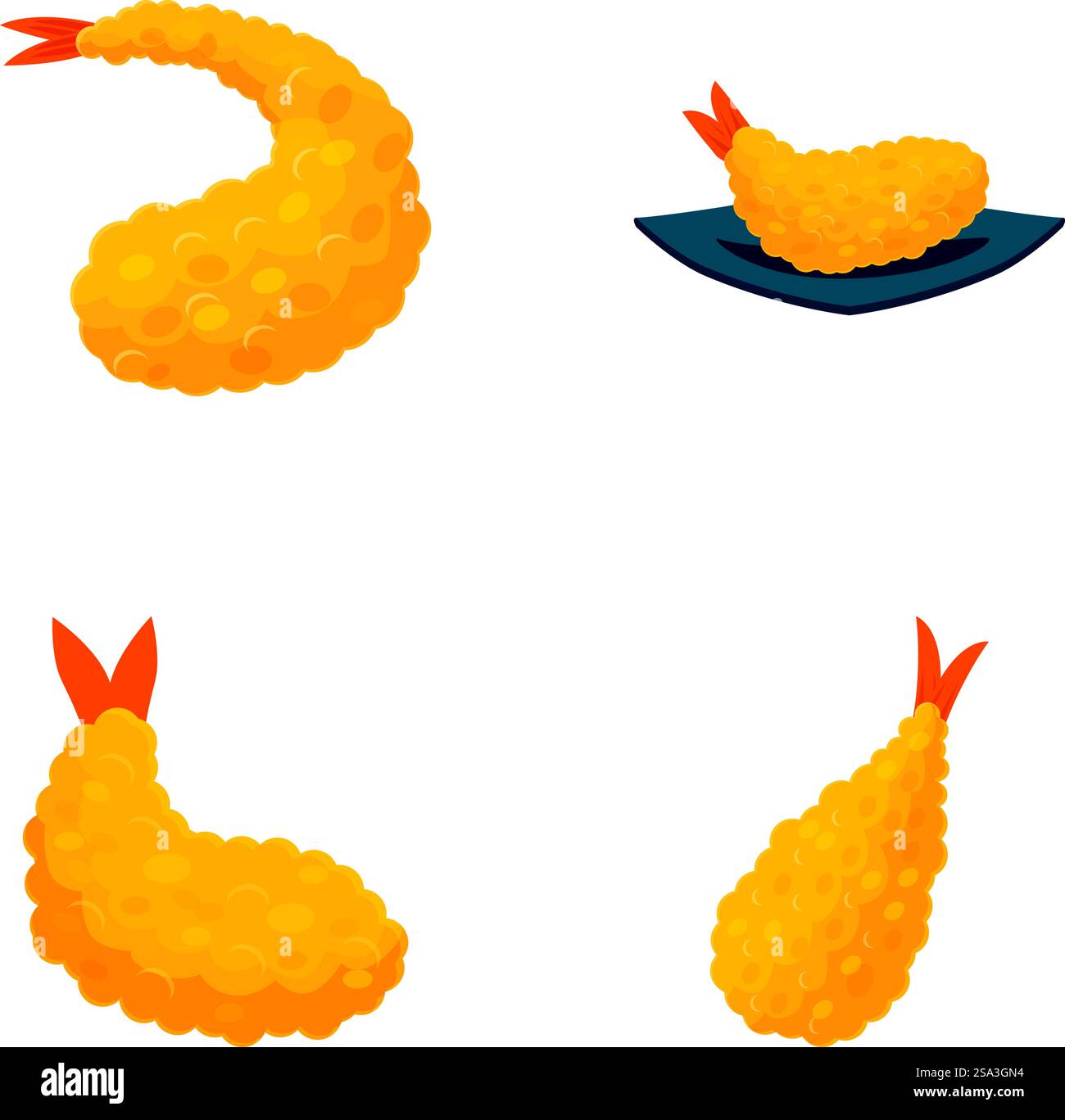 Sammlung von vier stilisierten Schrimps-Tempura-Grafiken, isoliert auf weißem Hintergrund. Set mit Garnelentempura-Illustrationen Stock Vektor