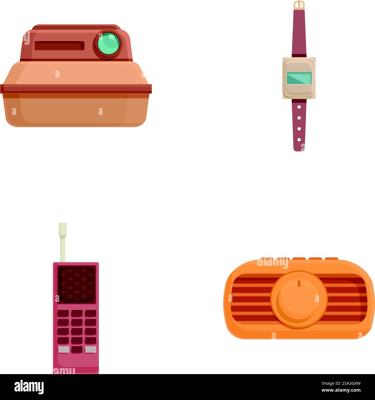 Entdecken Sie unsere große Auswahl an Vintage-Elektronik, einschließlich Retro-Technologie-Ikonen wie Kameras, Armbanduhren, Mobiltelefone, Radios und mehr. Set mit Symbolen für Retro-Technologie, einschließlich Kamera, Uhr, Telefon und Radio Stock Vektor
