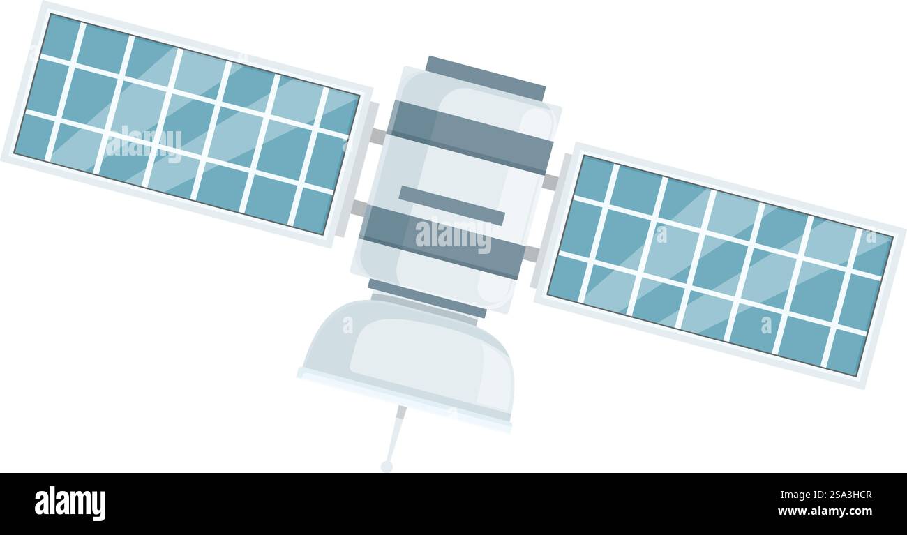 Flaches Vektordesign eines modernen Satelliten mit Solarpaneelen, isoliert auf weiß. Moderne Satellitenillustration auf weißem Hintergrund Stock Vektor