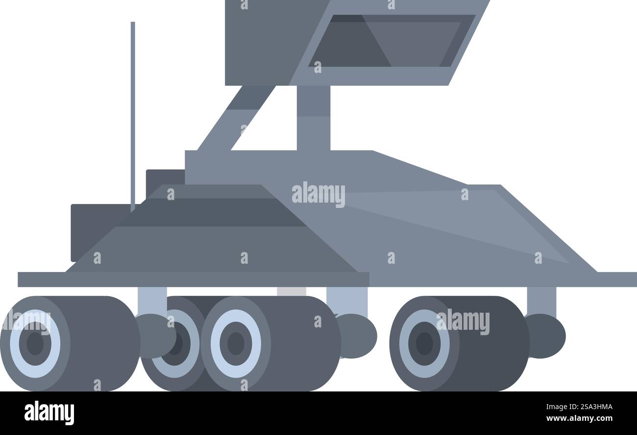 Abbildung eines modernen gepanzerten Fahrzeugs mit fortschrittlicher Waffe in flachem Design. Cartoon-Illustration eines futuristischen Militärfahrzeugs Stock Vektor