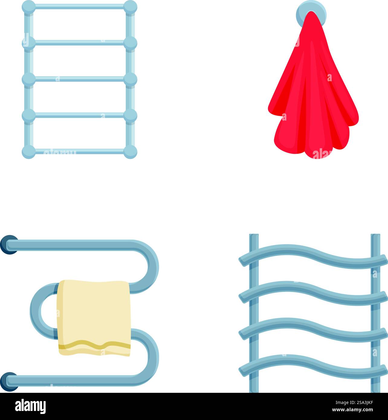 Vektor-Illustrationen von verschiedenen Handtuchhaltern und Haken für Badezimmer Dekor isoliert auf weiß. Set mit Handtuchhaltern und Haken im Bad isoliert Stock Vektor