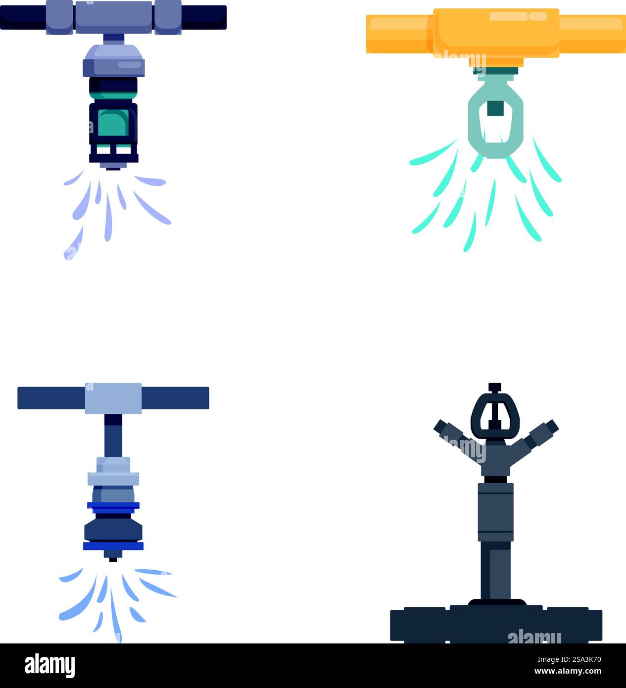 Sammlung von vier stilisierten Satellitensymbolen in einem flachen Design, isoliert auf einem weißen Hintergrund. Set von Zeichentrick-Satellitendesigns auf weißem Hintergrund Stock Vektor