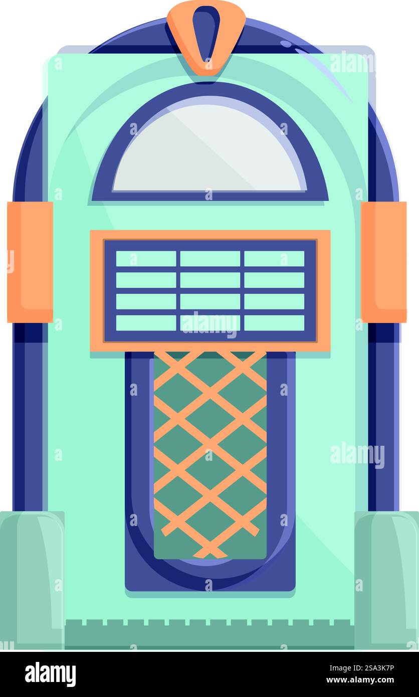 Detaillierte retrogestaltete klassische Jukebox-Illustration mit Vintage-Musik und Entertainment-Design im Americana-Stil der 1950er Jahre. Farbenfrohe Grafik. Nostalgische altmodische Vektorkunst. Digitale Illustration einer Vintage-Jukebox mit leuchtenden Farben, perfekt für nostalgische Themen Stock Vektor