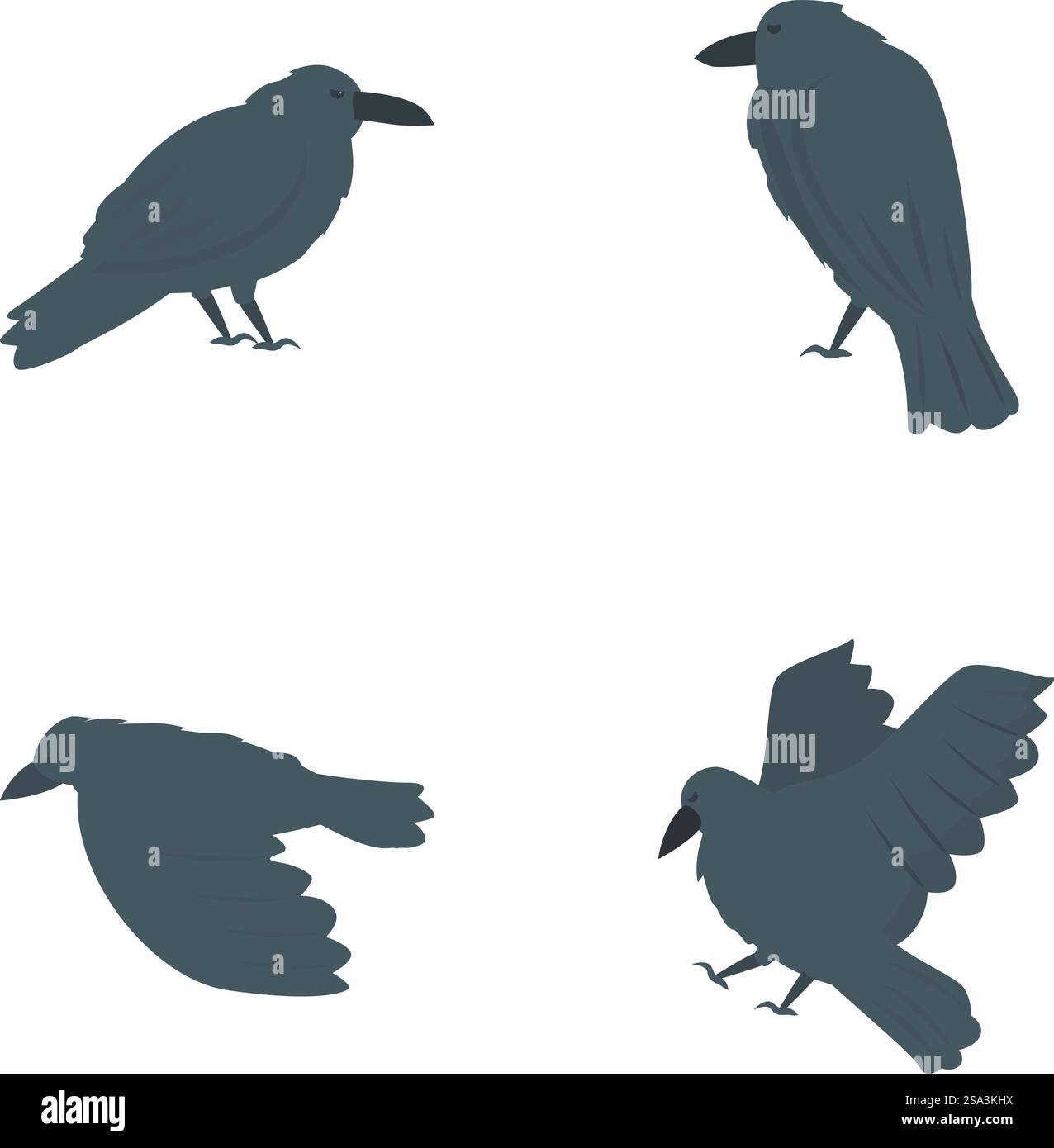 Schwarze Raben-Symbole setzen Cartoon-Vektor. Niedlicher Comic-Raben. Vogel, Tier. Schwarze Raben-Symbole setzen Cartoon-Vektor. Niedlicher Comic-Raben Stock Vektor