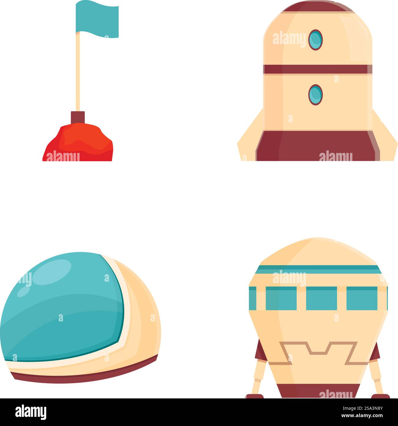 Set aus vier lebendigen Vektorsymbolen im Cartoonstil, die die Weltraumforschung darstellen. Sammlung farbenfroher Cartoon Space Icons Stock Vektor
