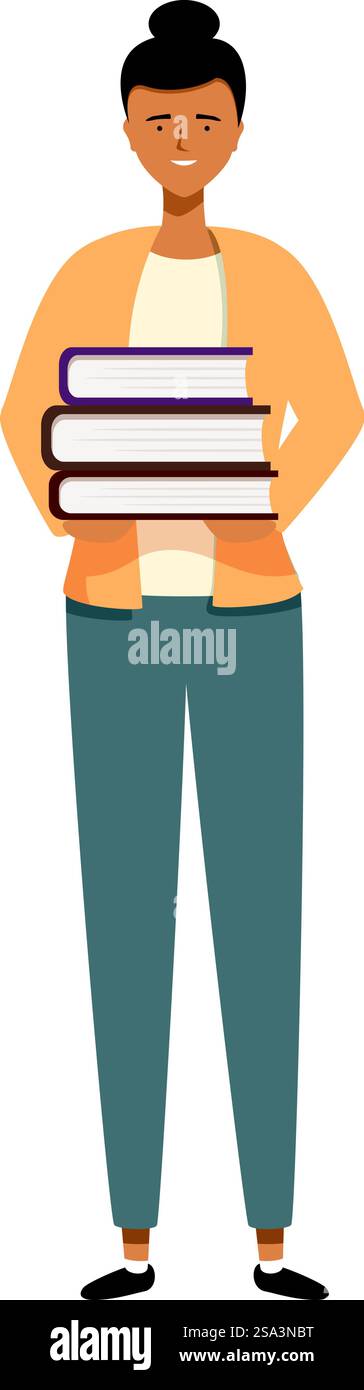 Cartoon-Illustration einer jungen Studentin, die einen großen Stapel Bücher hält. Der Schüler trägt einen Stapel Bücher Stock Vektor