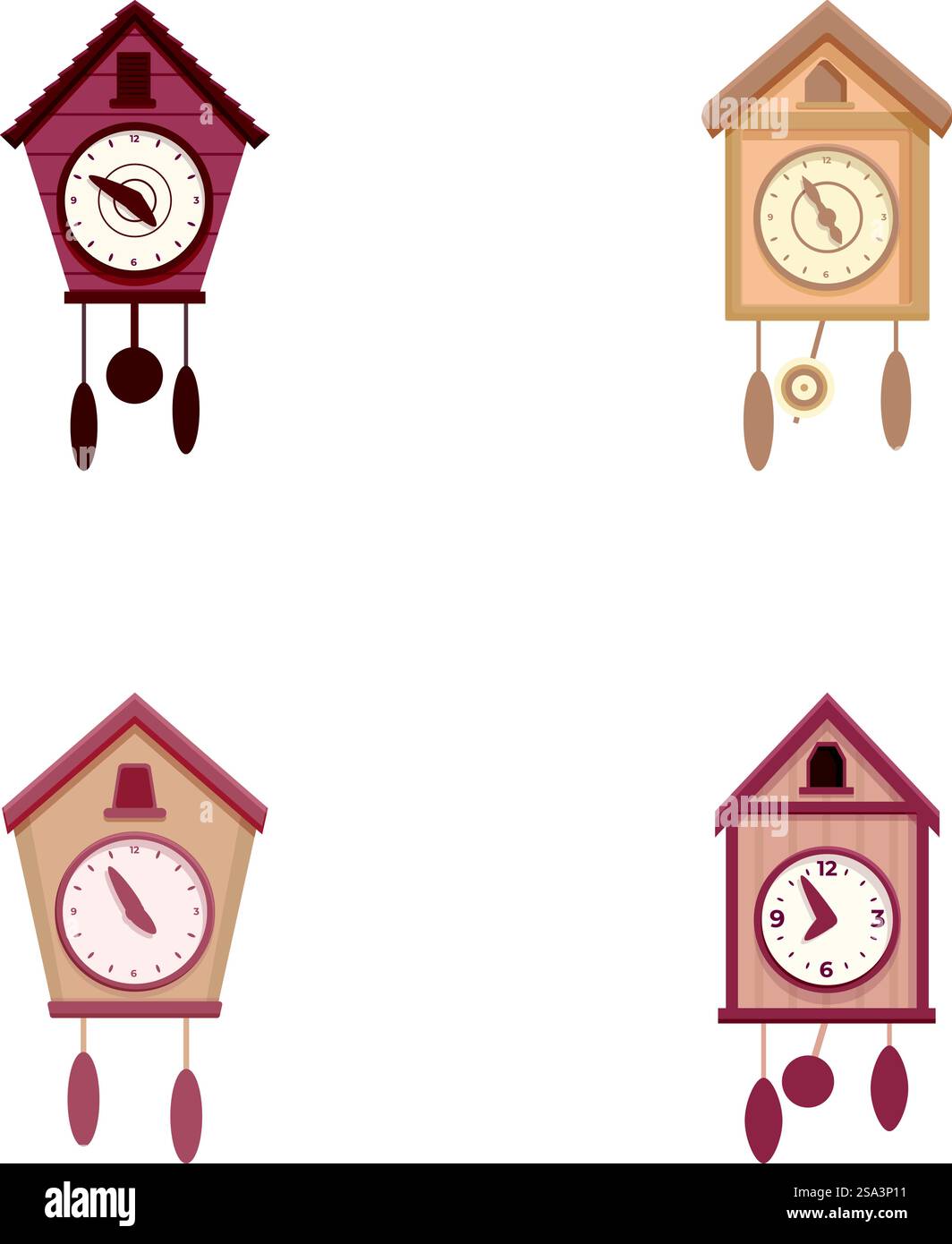 Sammlung traditioneller hölzerner Kuckucksuhren in verschiedenen Designs, isoliert auf weißem Hintergrund. Set von antiken Kuckucksuhren isoliert auf weiß Stock Vektor