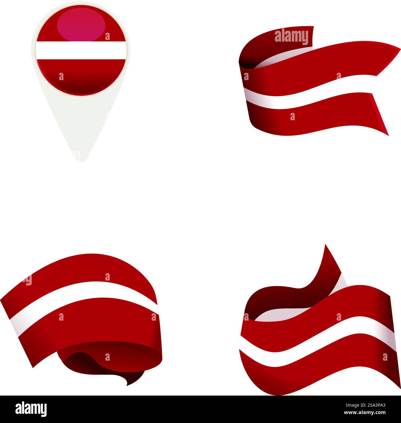 Sammlung von Ikonen mit lettischen Flaggen, darunter eine Nadel, ein Band und abstrakte Wellenelemente. Set von lettischen Flaggensymbolen und Designelementen Stock Vektor