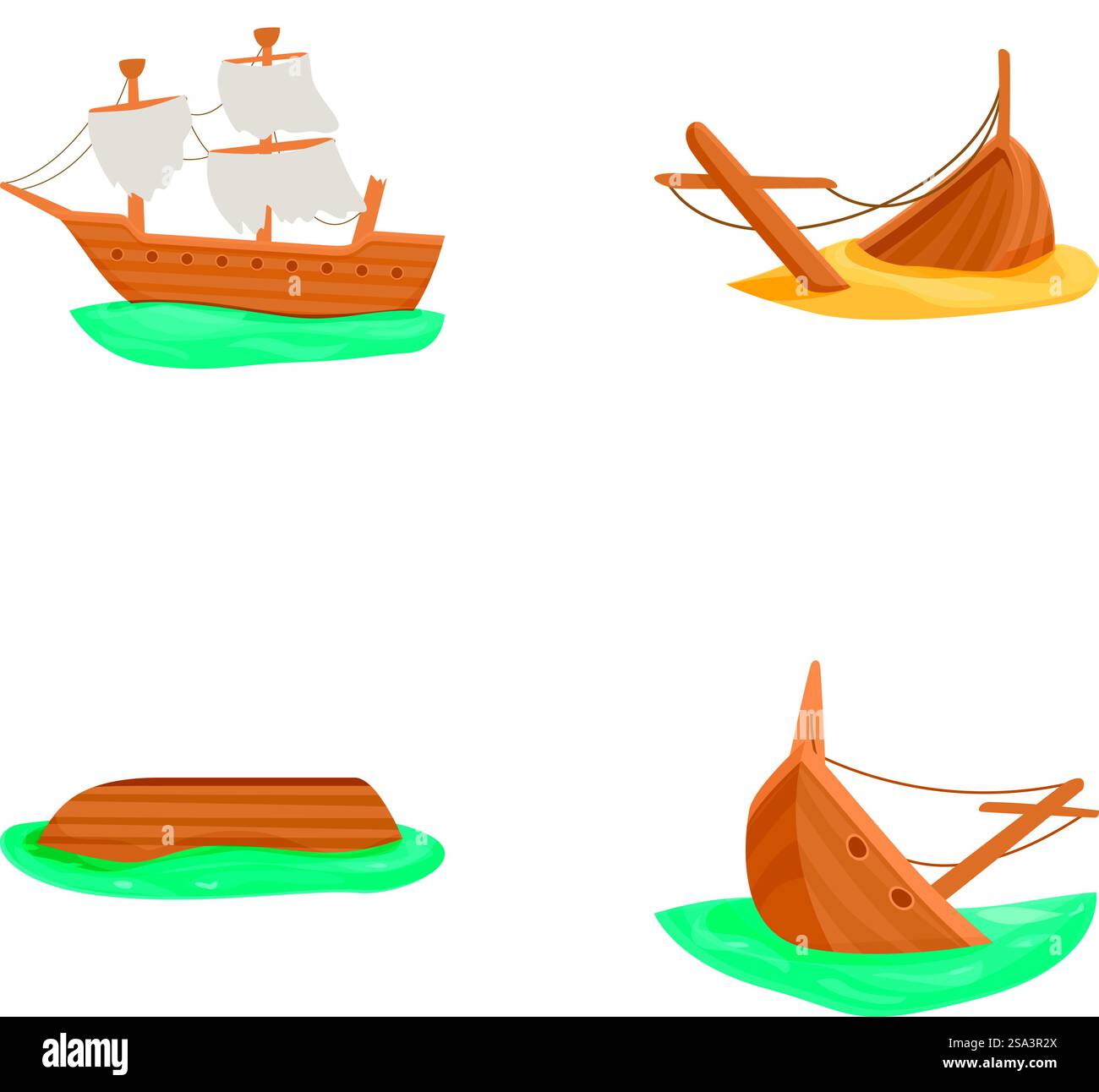 Set aus vier Illustrationen im Zeichentrickstil, darunter ein Schiff und Boote. Sammlung von Zeichentrickschiffen und Booten Illustration Stock Vektor