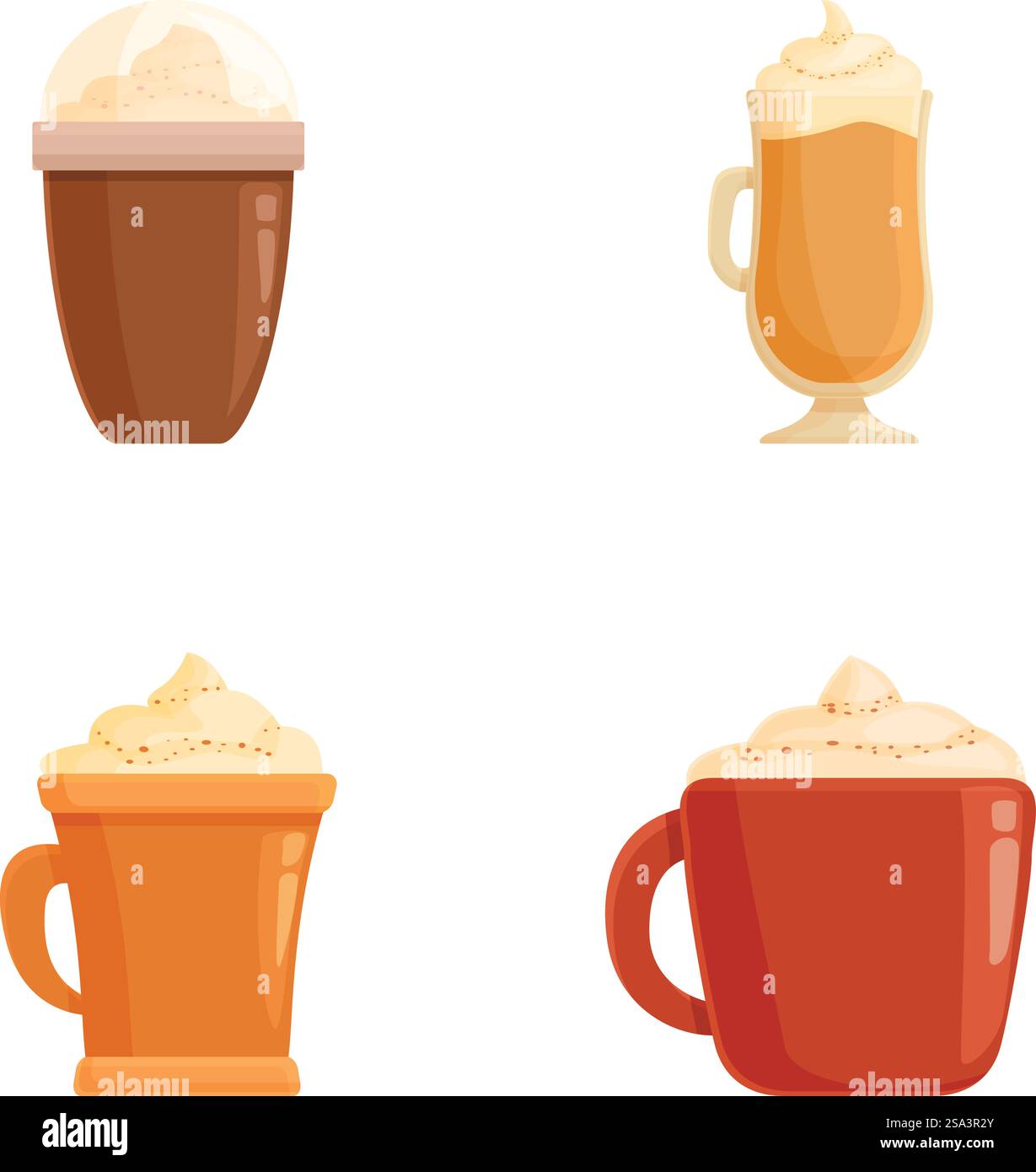 Vektor-Set mit vier verschiedenen gestalteten Kaffeetassen mit Schlagsahne auf weißem Hintergrund. Illustration zum Sortiment warmer Kaffeegetränke Stock Vektor