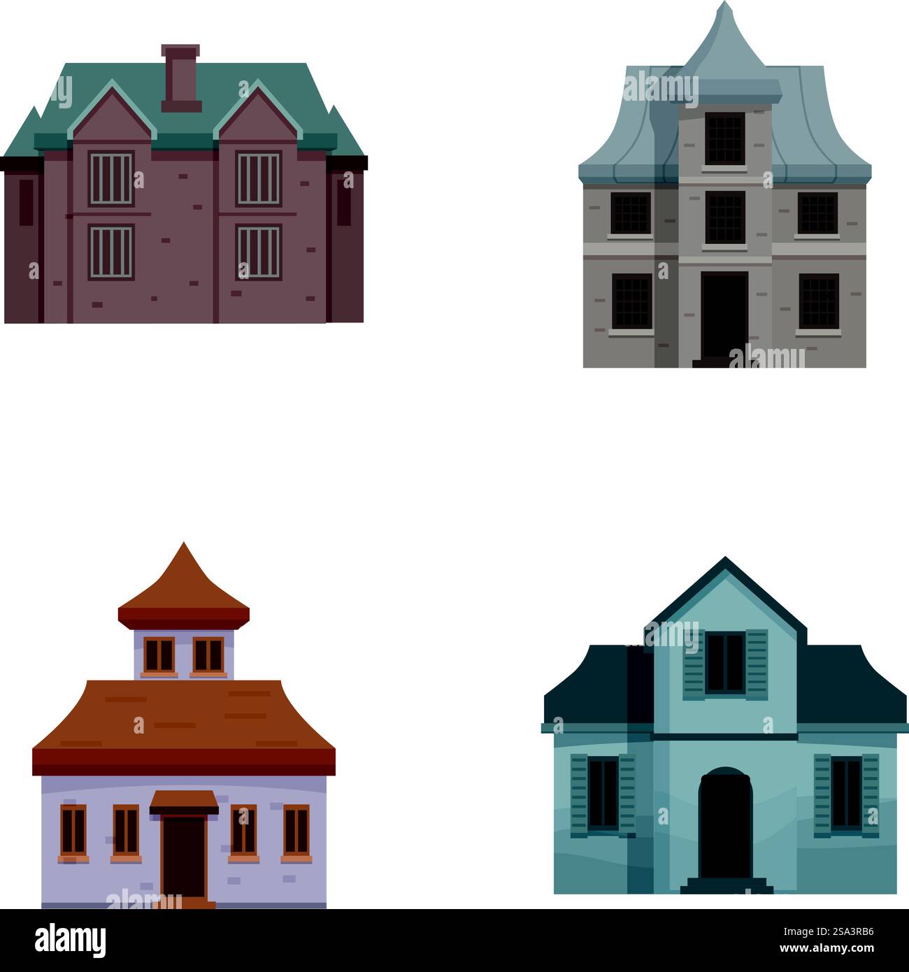 Sammlung von vier Häusern im Cartoonstil, isoliert auf weißem Hintergrund für einfache Verwendung. Eine Reihe von isolierten Häusern im Cartoon-Stil Stock Vektor