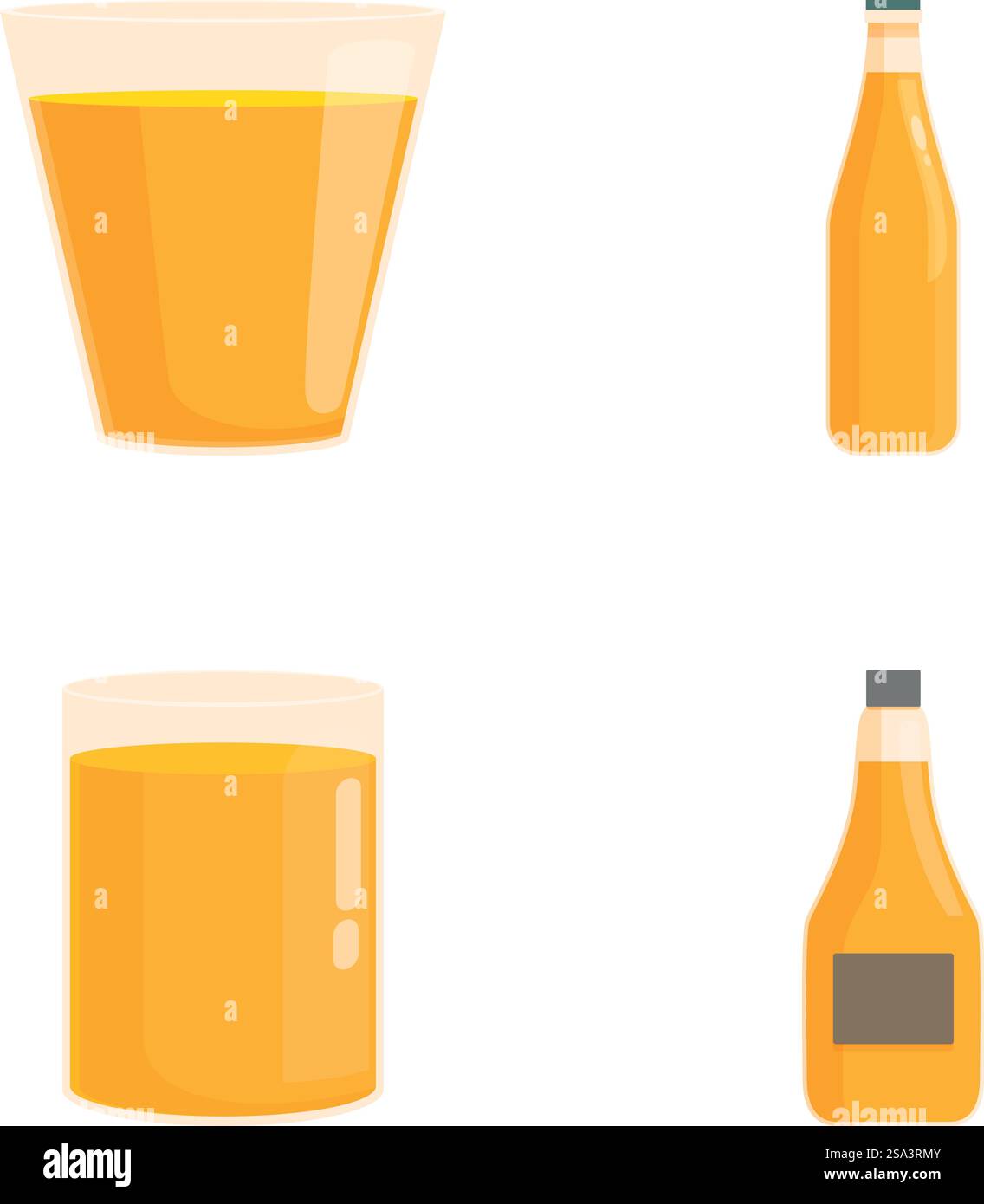 Vektor-Illustration von Orangensaft in verschiedenen Behältern, einschließlich Glas und Flaschen. Verschiedene Orangensaftbehälter Vektorset Stock Vektor