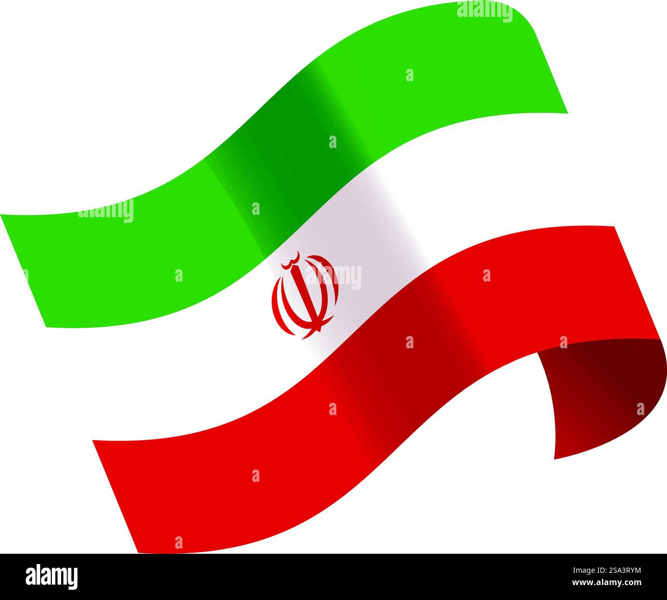 Grafische Darstellung der iranischen Nationalflagge mit dynamischem Welleneffekt, isoliert auf weißem Hintergrund. Schwenkende Flagge des iran isoliert auf weiß Stock Vektor