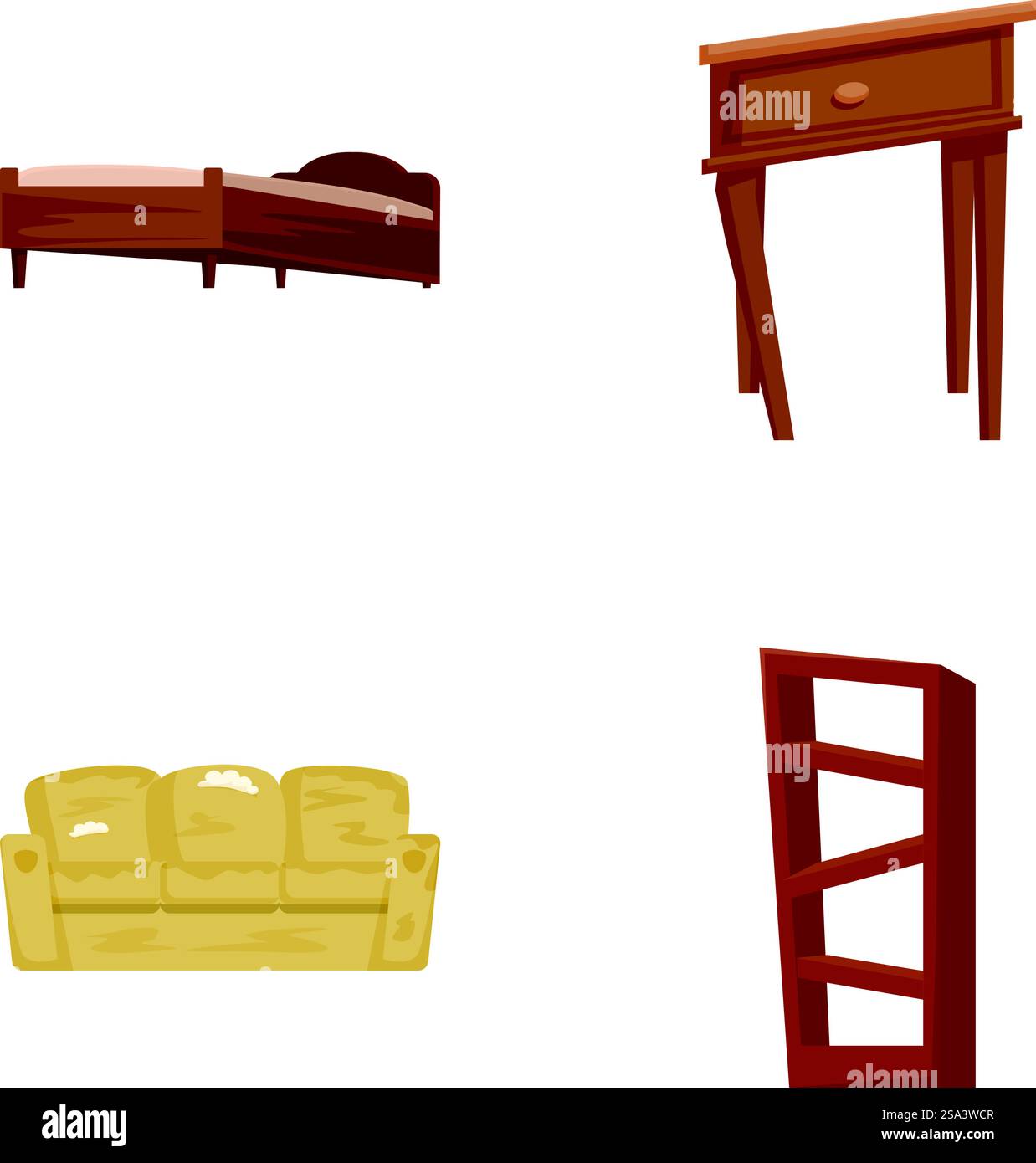 Sammlung illustrierter Möbelsymbole, darunter ein Bett, ein Tisch, ein Sofa und ein Bücherregal. Set von Zeichentrickmöbelsymbolen Stock Vektor