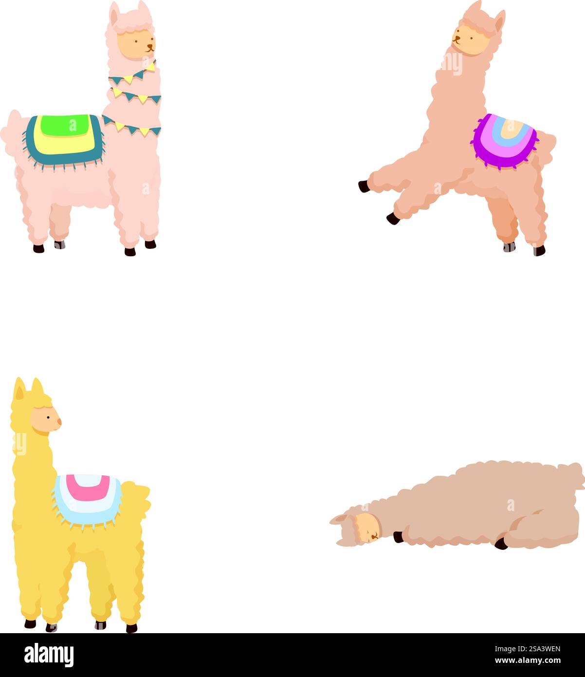 Sammlung von niedlichen, illustrierten Lamas in stehenden, springenden und liegenden Posen. Cartoon-Lama in verschiedenen Posen Stock Vektor