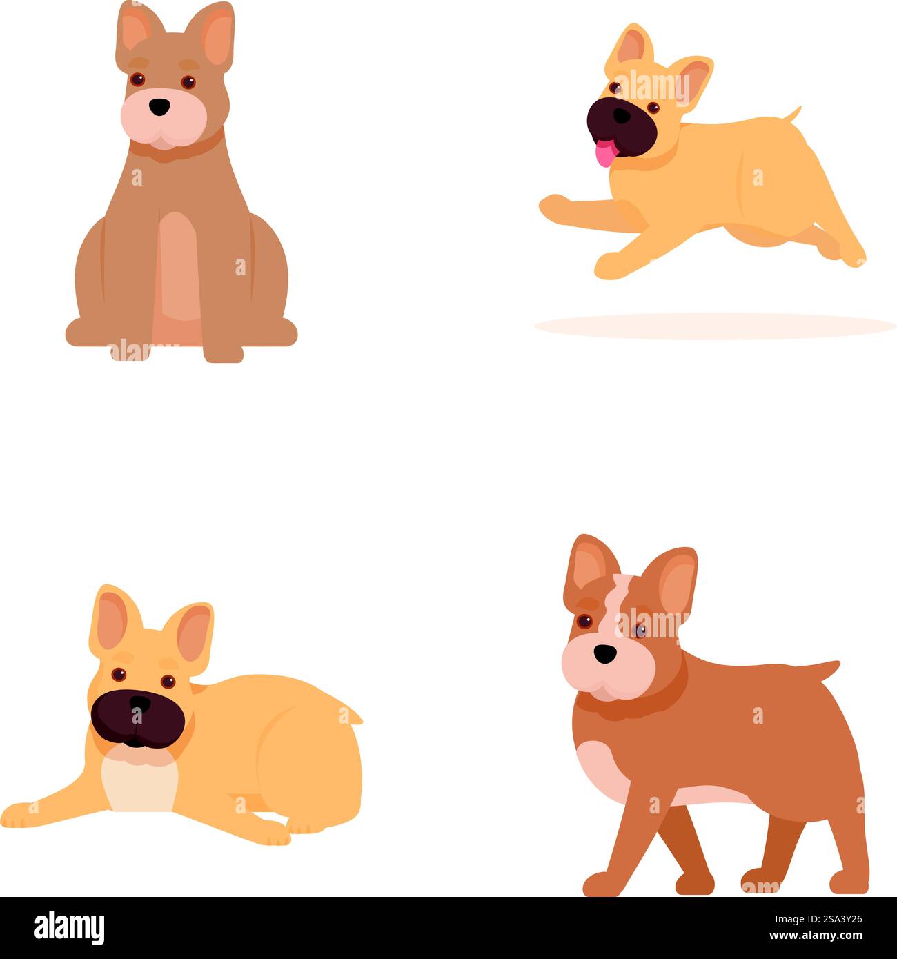 Set süßer Zeichentrickhunde, die sitzen, laufen und liegen. Zeichentrickhund-Sammlung in verschiedenen Posen Stock Vektor