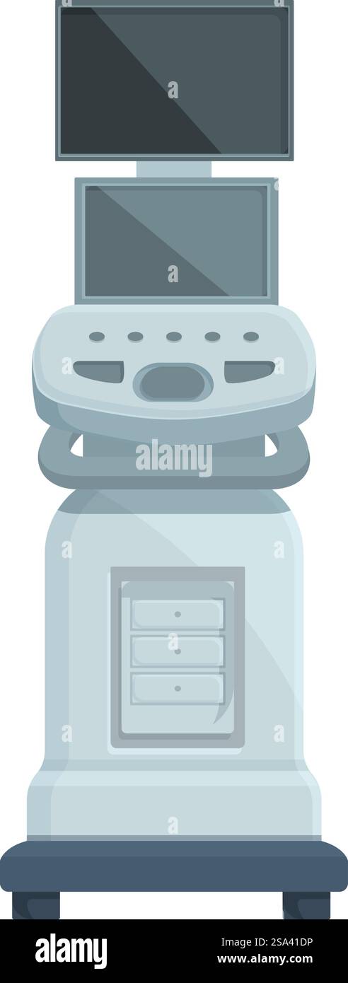 Flache Darstellung einer klassischen Spielekonsole mit zwei Bildschirmen auf der Oberseite. Vintage-Spielkonsole mit gestapelten Bildschirmen Stock Vektor
