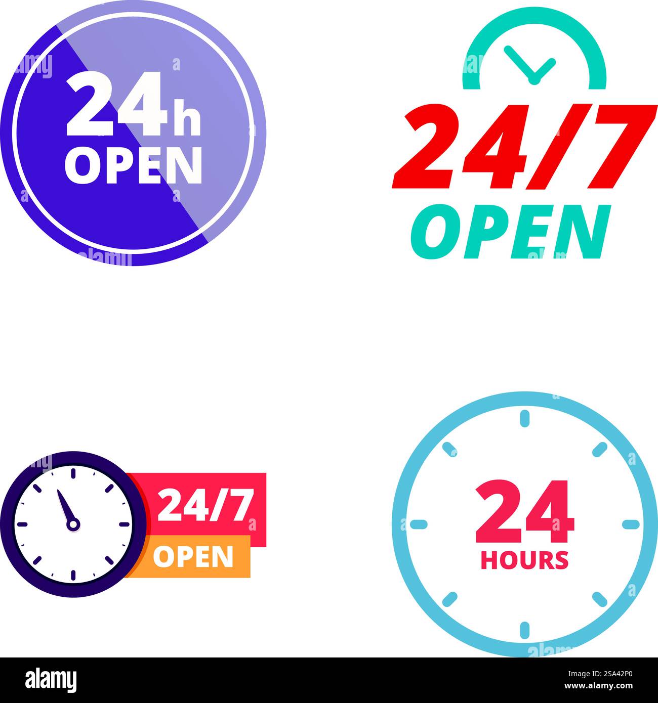 Vier Symbole symbolisieren 24-Stunden-nonstop-Services, die für Unternehmen geeignet sind, die kontinuierlich arbeiten. Set von Rundschloß-Servicesymbolen Stock Vektor