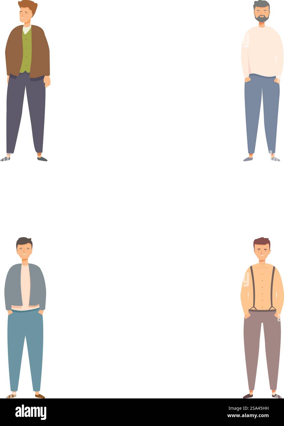 Vektorset von vier verschiedenen Männern, die in lässiger Kleidung stehen, isoliert auf weißem Hintergrund. Sammlung von vier lässigen Männern im Stehen Stock Vektor