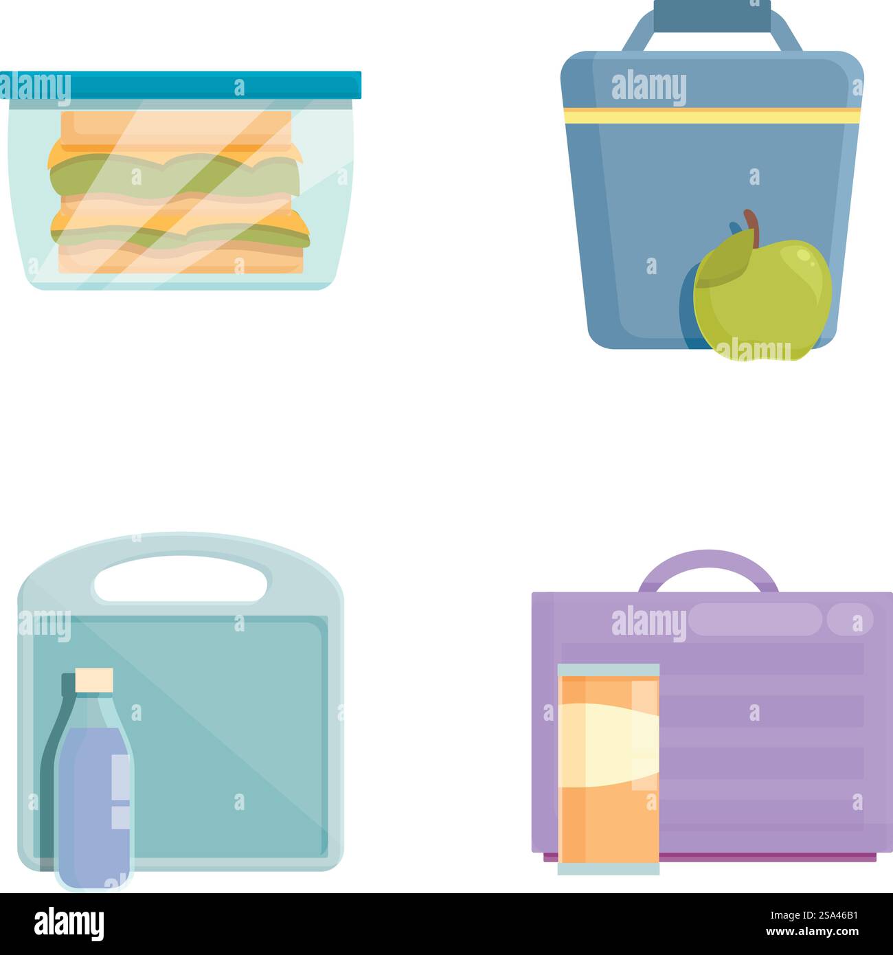 Illustration verschiedener Arten von bunten Lunchboxen und Lebensmittelbehältern, ideal für die Zubereitung von Mahlzeiten. Bunte Mittagsbehälter, isoliert auf weiß Stock Vektor