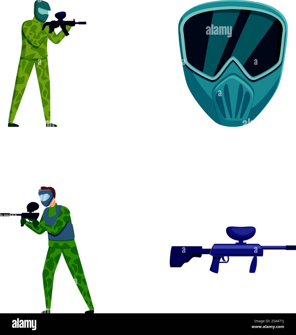 Vektorillustrationen eines Scharfschützencharakters in Tarnung mit taktischer Ausrüstung einschließlich Gesichtsmaske und Scharfschützengewehr. Cartoon-Scharfschütze und taktisches Ausrüstungsset Stock Vektor Vektorillustrationen eines Scharfschützencharakters in Tarnung mit taktischer Ausrüstung einschließlich Gesichtsmaske und Scharfschützengewehr. Cartoon-Scharfschütze und taktisches Ausrüstungsset Stock Vektor