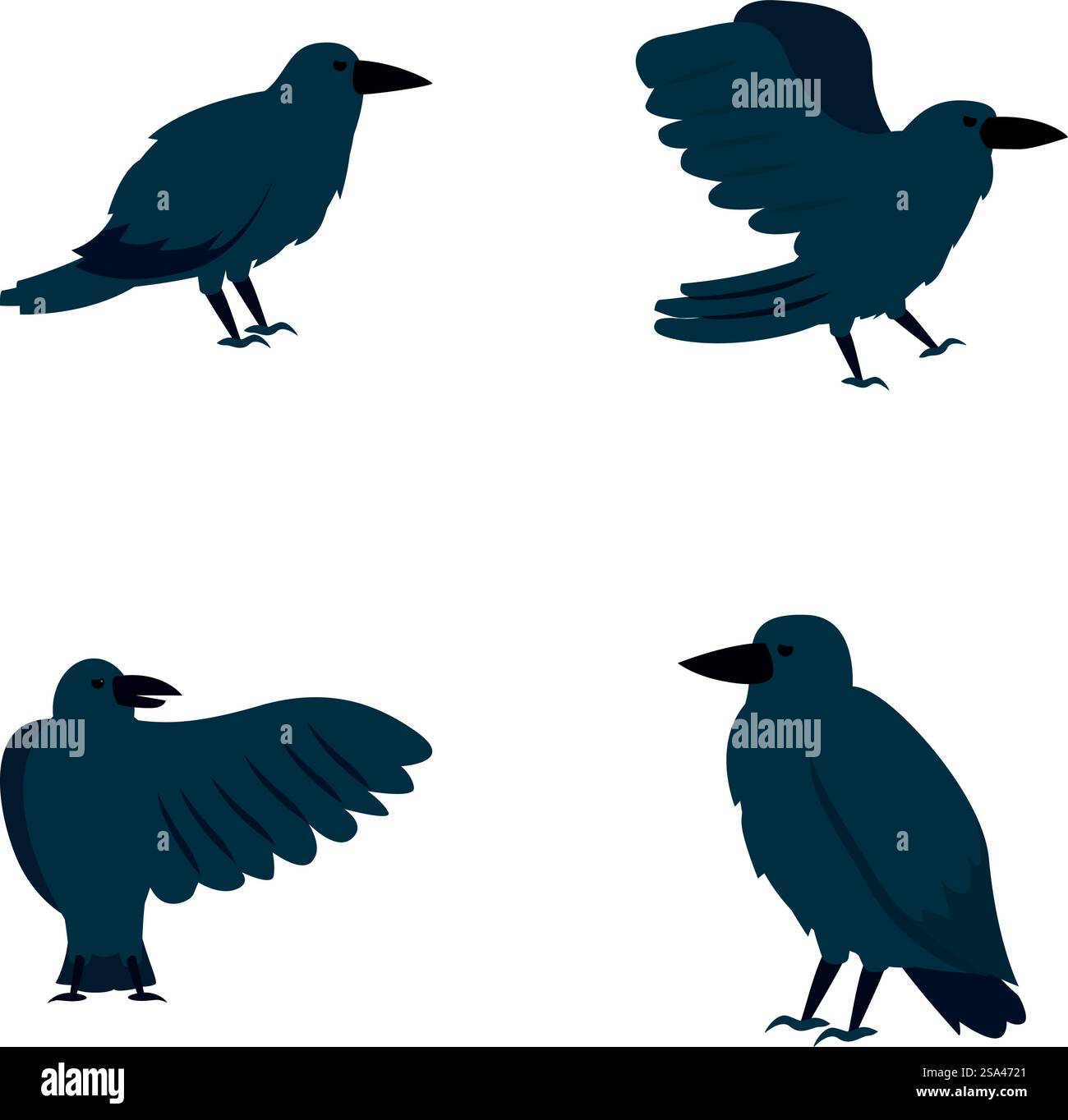 Raben-Symbole setzen Cartoon-Vektor. Niedlicher schwarzer Rabe in Zeichentrick. Vogel, Tier. Raben-Symbole setzen Cartoon-Vektor. Niedlicher schwarzer Rabe in Zeichentrick Stock Vektor