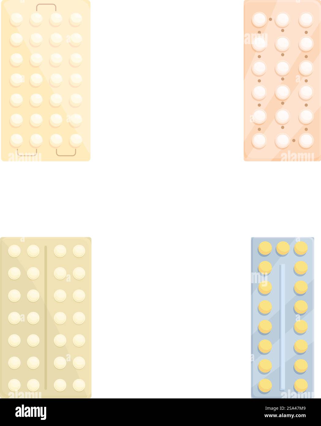 Vier Illustrationen im Cartoonstil in Blisterpackung mit verschiedenen Pillenformen und -Farben auf weißem Hintergrund. Vektor-Set mit verschiedenen Pillen-Blisterpackungen Stock Vektor