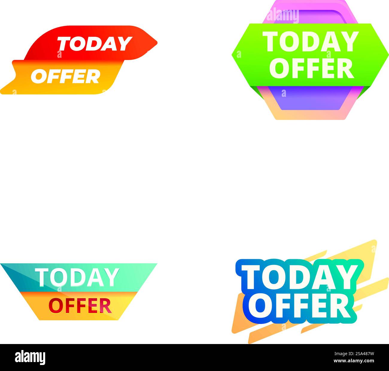 Die lebendige Kollektion von heute bietet Abzeichen in verschiedenen Formen und modernen Designstilen. Farbenfrohe Today-Angebotsabzeichen Stock Vektor