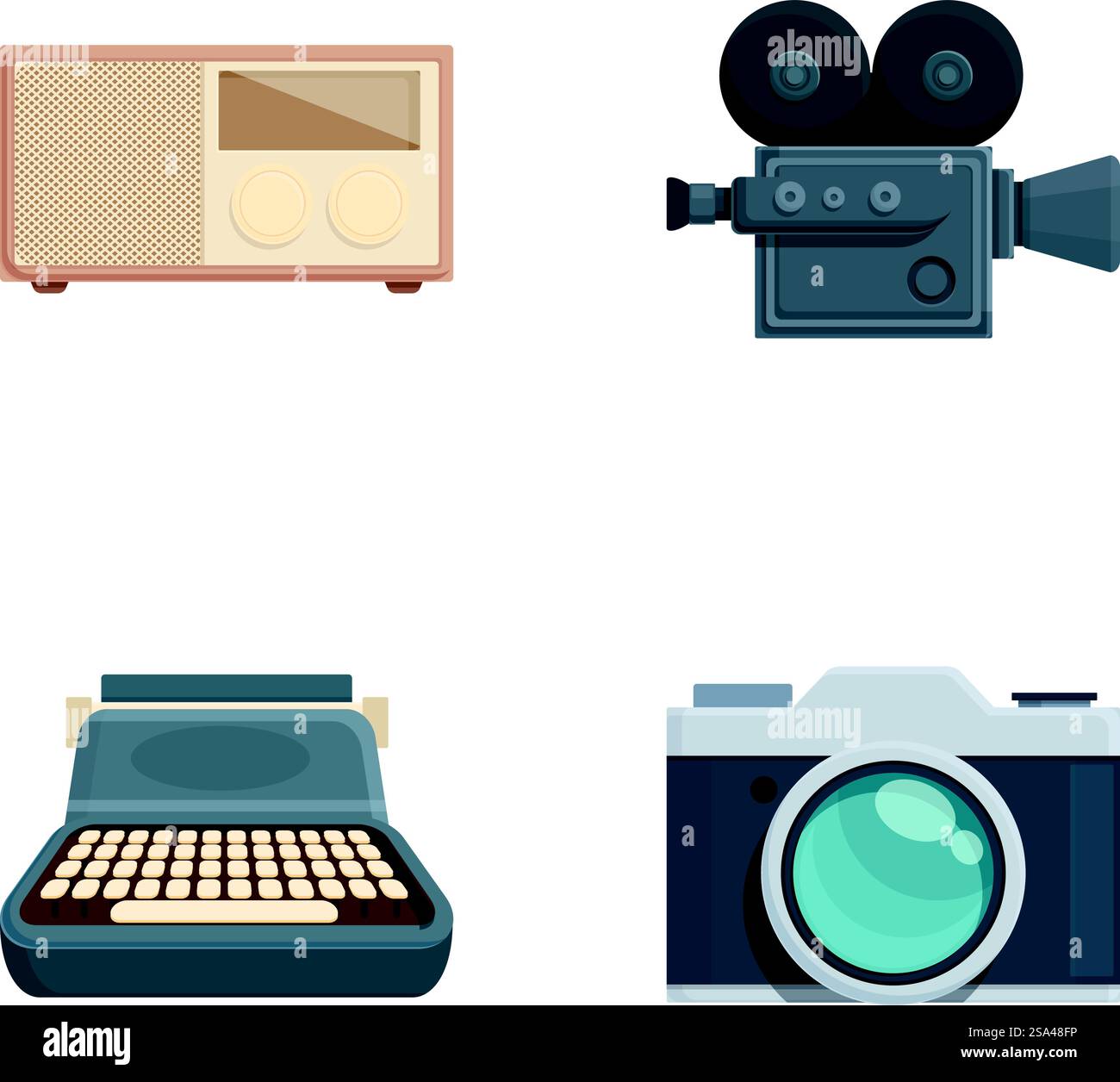 Sammlung von vier flachen Design-Symbolen, die Retro-Elemente darstellen. Vintage-Medien- und Kommunikationssymbole Stock Vektor