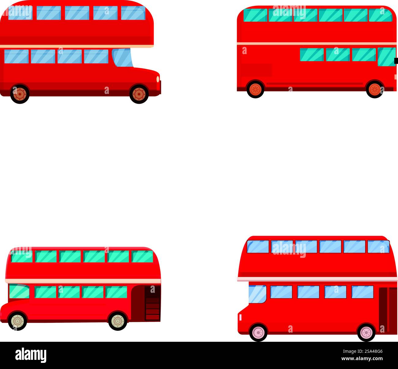 Sammlung von vier farbenfrohen Doppeldeckerbussen im Cartoonstil in verschiedenen Winkeln und Designs. Set roter Doppeldeckerbusse Stock Vektor