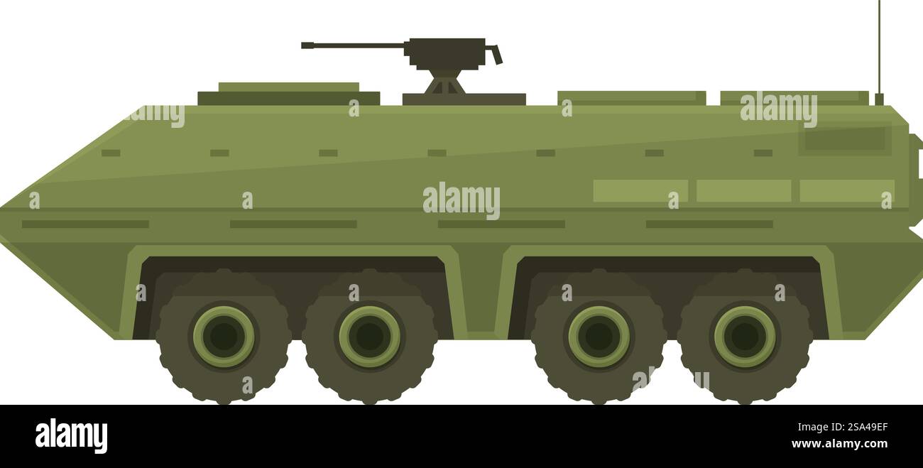 Grünes gepanzertes Fahrzeug mit einer Waffe oben, die von Militärs für Transport und Kampf verwendet wird. Militärgepanzerte Personentransporter mit Waffe in Profilansicht Stock Vektor
