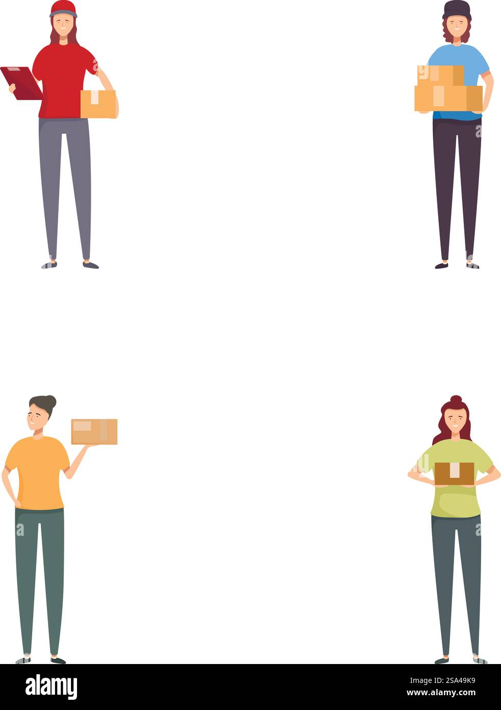 Vier Zeichentrickfiguren, die als Zustellpersonal dargestellt werden, das Pakete und Umschläge hält. Gruppe von Lieferpersonen mit Paketen Stock Vektor