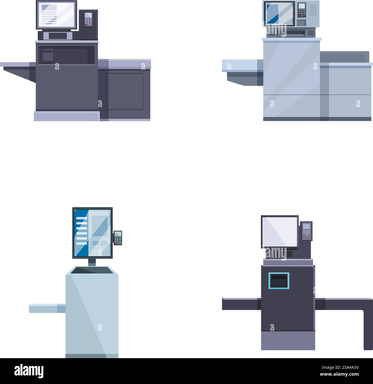 Vier Varianten schlanker Bürotische mit Desktop-Computern, ideal für Arbeitsplatzkonzepte. Moderne Schreibtische mit Computern Stock Vektor