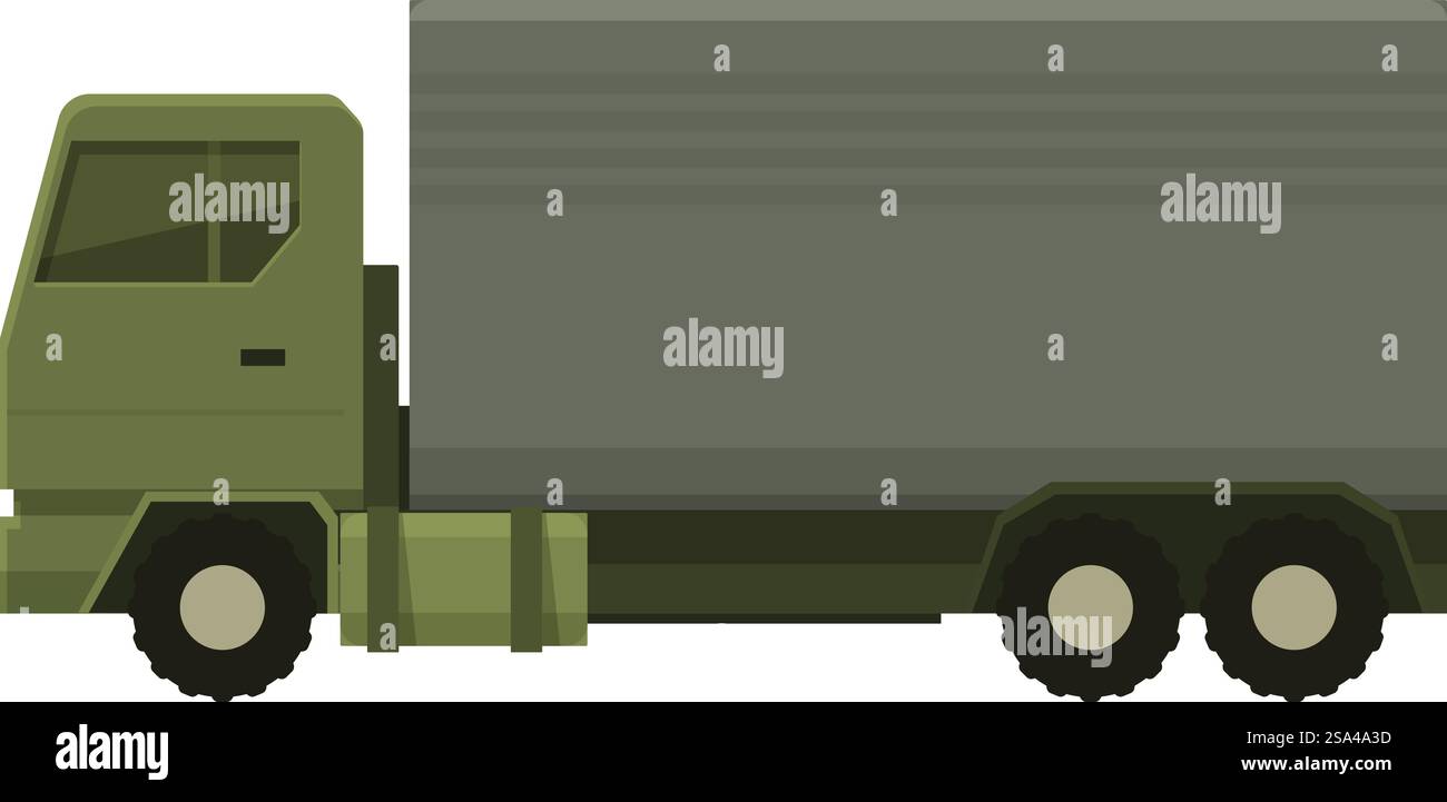 Illustration mit einem großen grünen Militärwagen, der Güter für die Armee transportiert. Großer grüner Militärwagen, der Güter für die Armee transportiert Stock Vektor
