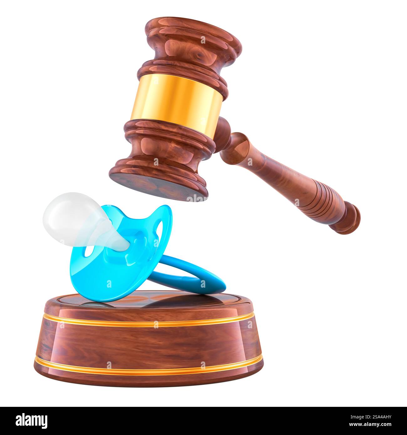 Holzgabel mit Babyschnuller. Adoption, Scheidung von Eltern oder Sorgerecht, Konzept. 3D-Rendering isoliert auf weißem Hintergrund Stockfoto