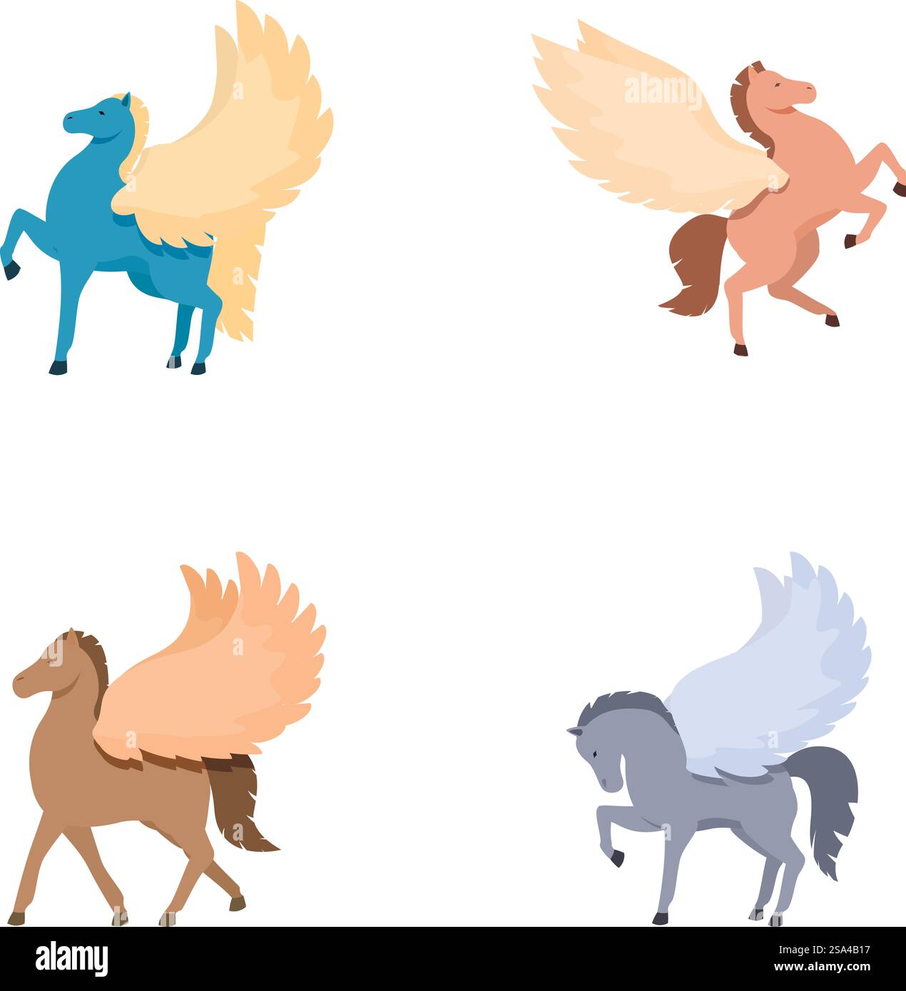 Sammlung von vier farbenfrohen pegasus-Figuren mit majestätischen Flügeln in minimalistischem Stil. Set mit mythischen pegasus Illustrationen in verschiedenen Farben Stock Vektor