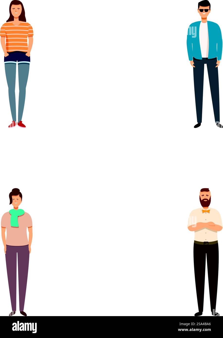 Illustrationskollektion mit verschiedenen Personen, die in legeren Posen stehen. Set aus verschiedenen stehenden Personen Stock Vektor