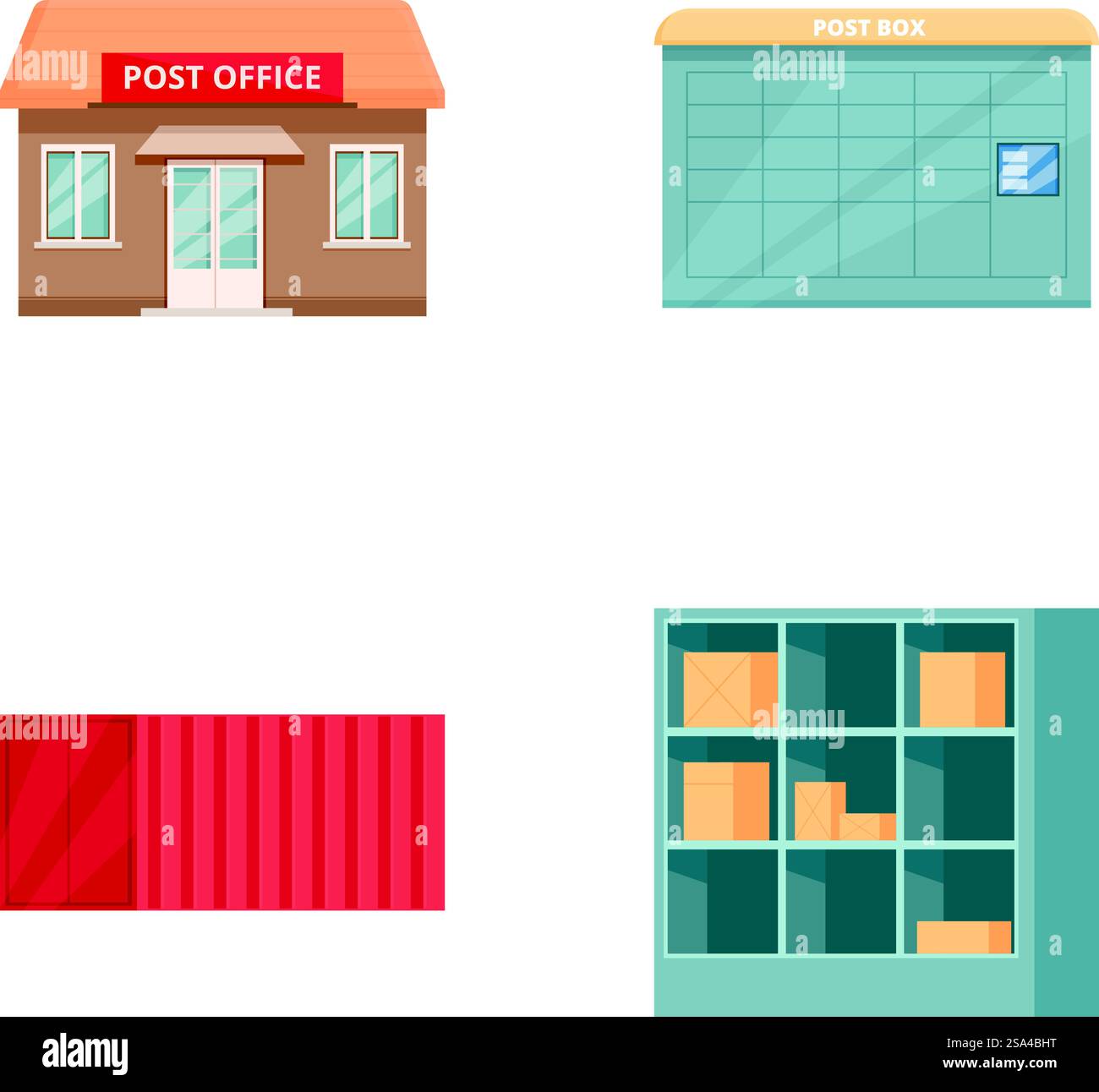 Set aus vier flachen Postsymbolen mit Postfach, Postfach, Paket und Postfächern. Vektorsymbole für Elemente der Postdienste Stock Vektor