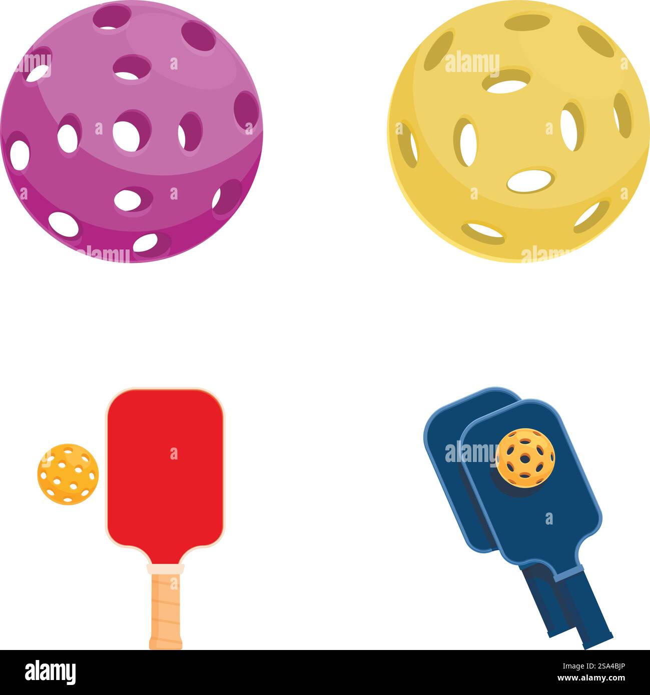 Satz farbenfroher Vektorgrafiken von Pickleball-Paddeln und -Bälle. Vektorabbildungen von Pickleball-Geräten Stock Vektor