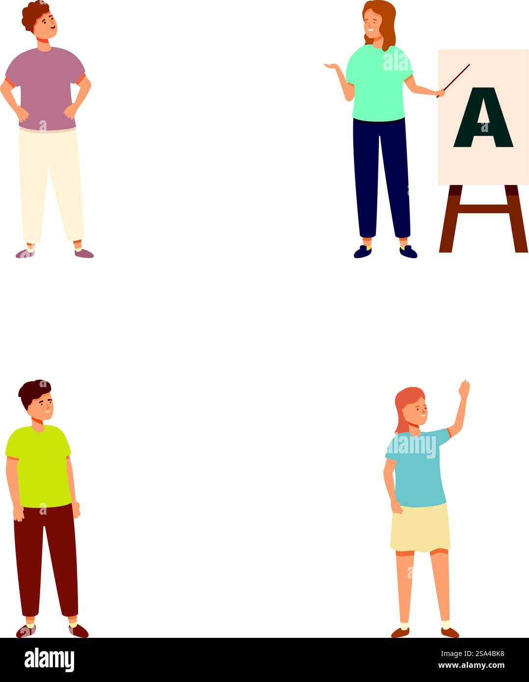 Sammlung von vier Zeichentrickfiguren, die sich an verschiedenen Gelegenheitsaktivitäten und Gesten beteiligen. Set aus verschiedenen Zeichentrickfiguren in Alltagsposen Stock Vektor