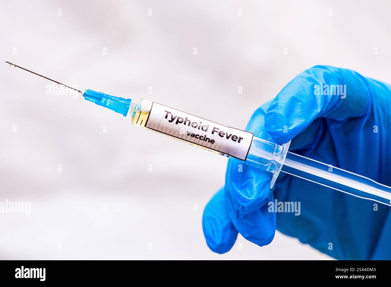 Impfschutzkonzept. Hände des Arztes oder des Pflegepersonals in medizinischen Handschuhen mit medizinischer Spritze bereit für die Injektion eine Spritze Typhus-Impfstoff Stockfoto