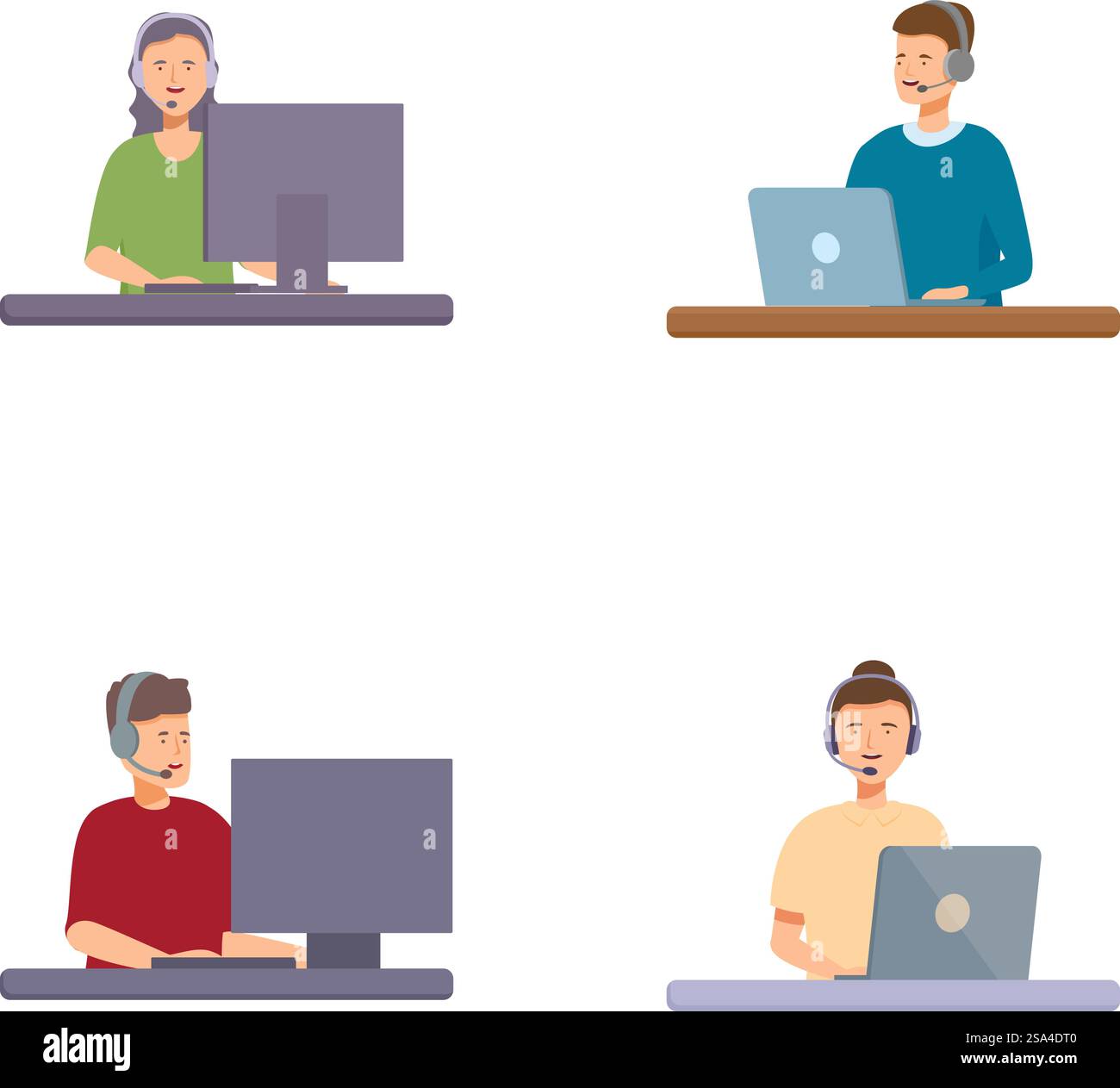 Sammlung von Illustrationen, die Personen unterschiedlichen Alters und ethnischen Zugehörigkeit auf Workstations mit Laptops und Desktops zeigen. Verschiedene Menschen, die an Computern arbeiten, Illustrationsset Stock Vektor